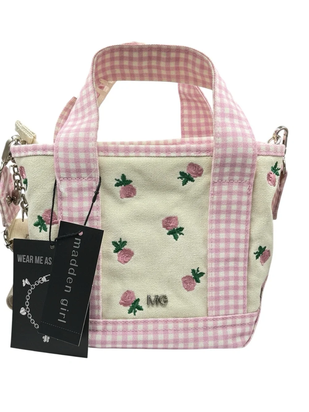Madden Girl Floral Gingham Mini Tote Crossbody Swan Charm Set NWT